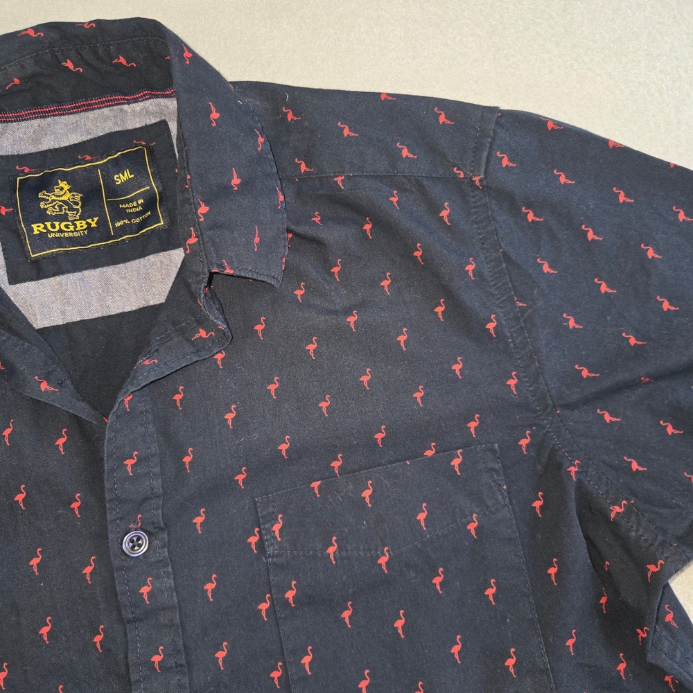 Rugby University Button Up Shirt Mens Small Navy Flamingo Print Short Sleeve SML